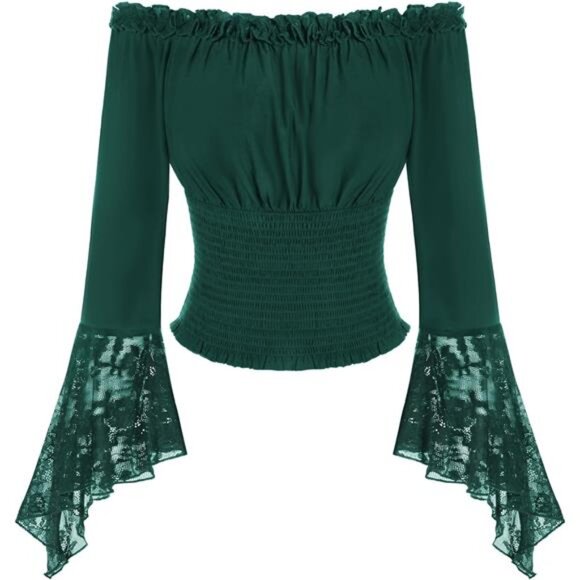 Tops - Renaissance Shirt Bell Sleeve Off The Shoulder Green